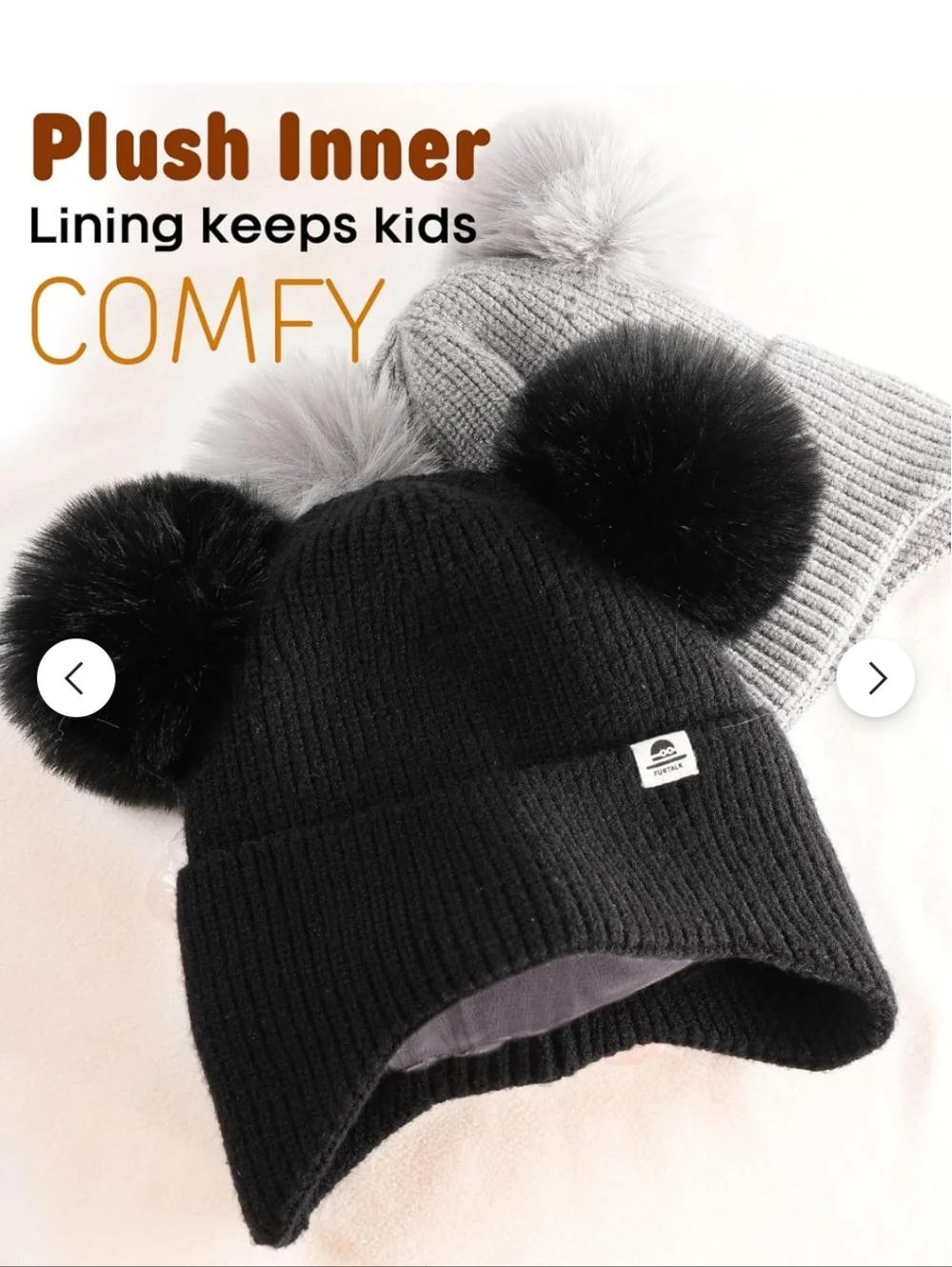 Furtalk Gray & Black Ribbed Knit Beanies With Pom Poms.grows With Your Child